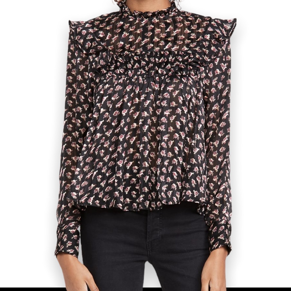 Scotch‎ & Soda Black Drapey Printed Floral Ruffle Bib Longsleeve Blouse Small